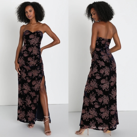 Lulus Exquisite Navy Blue Floral Burnout Velvet Strapless Maxi Dress L Wedding - Picture 1 of 10